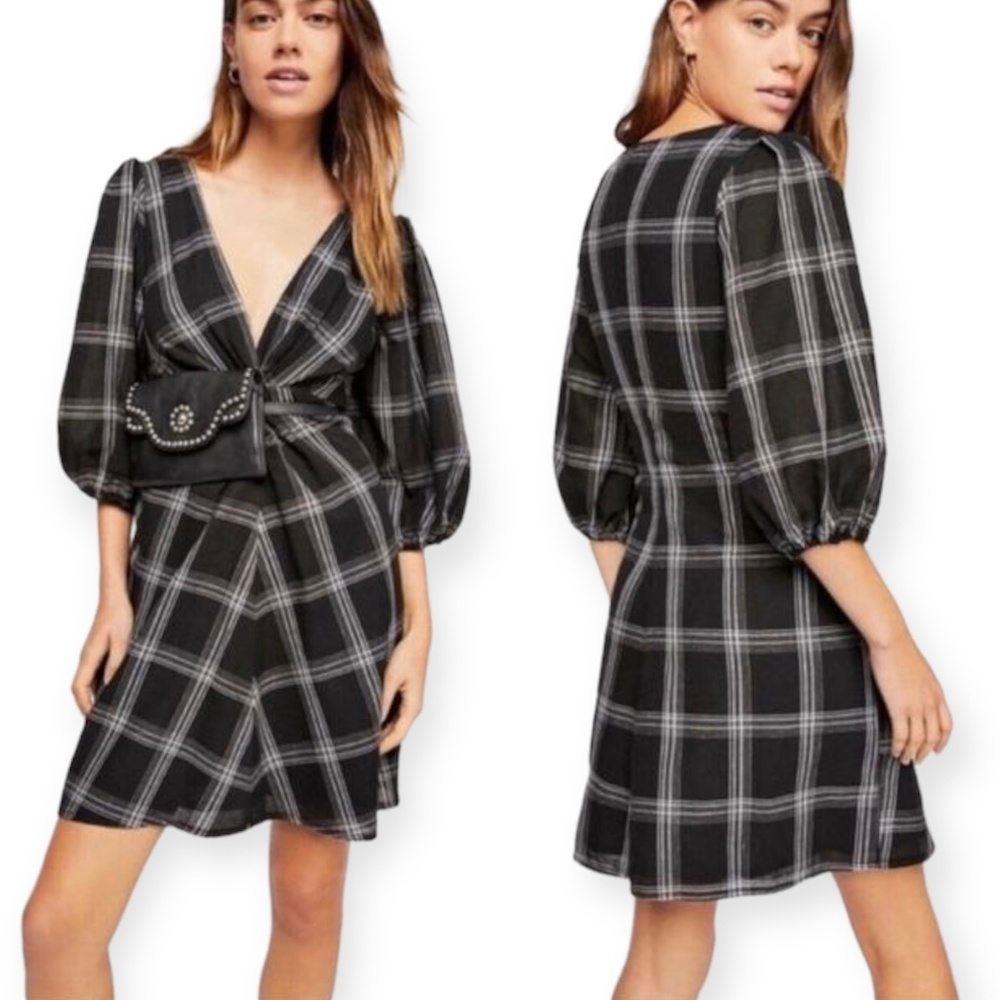 Free People Miss Molly Plaid Mini Dress Black NWT
